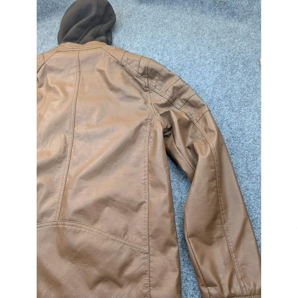 Urban Republic Jacket Mens Small Brown Faux Leather Hooded Moto Zip Pockets - Picture 11 of 12